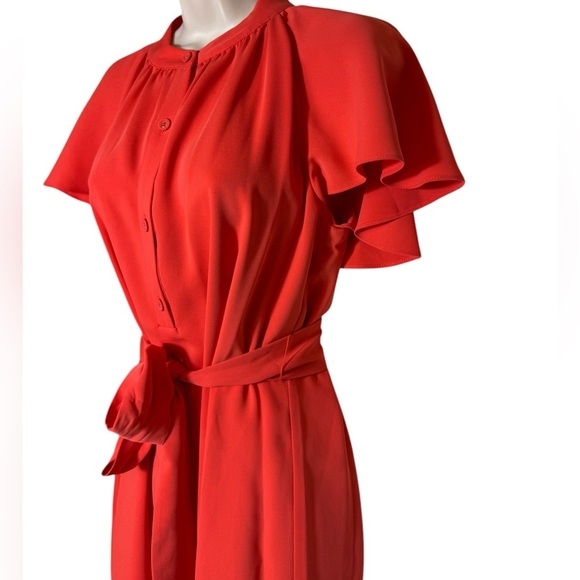 Trina Turk Mock Neck Button Up A-line Dress in Corral Red SZ 4 with Belt - Picture 3 of 9